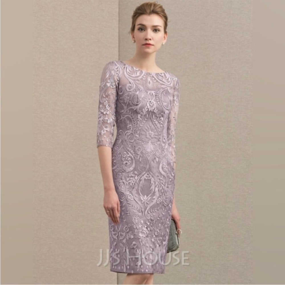 JJ's House Modest Half Sleeve Lace Applique Sheath Dress Lilac Purple Sz 8